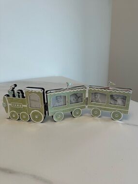 Silver Plated Green Enamel Multi Photo Train-Shaped Picture Frame w/ Crystals